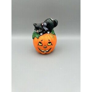 Vintage Halloween Black Cat On Jack o Lantern candle